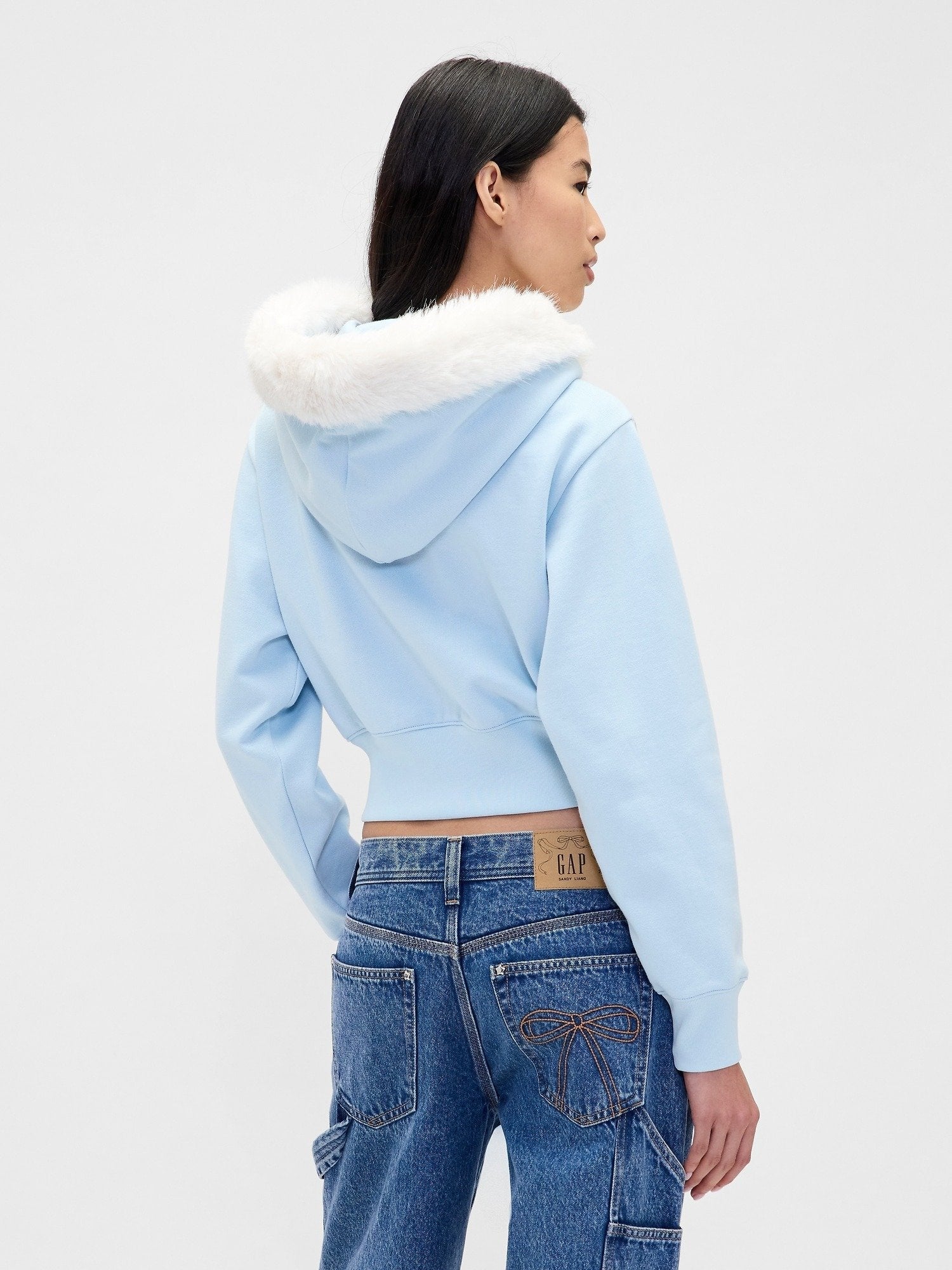 Fur-Trim Crop Zip Hoodie