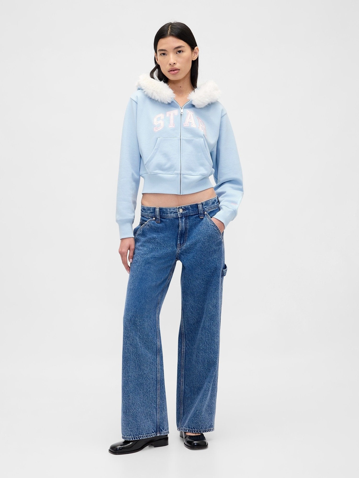 Fur-Trim Crop Zip Hoodie